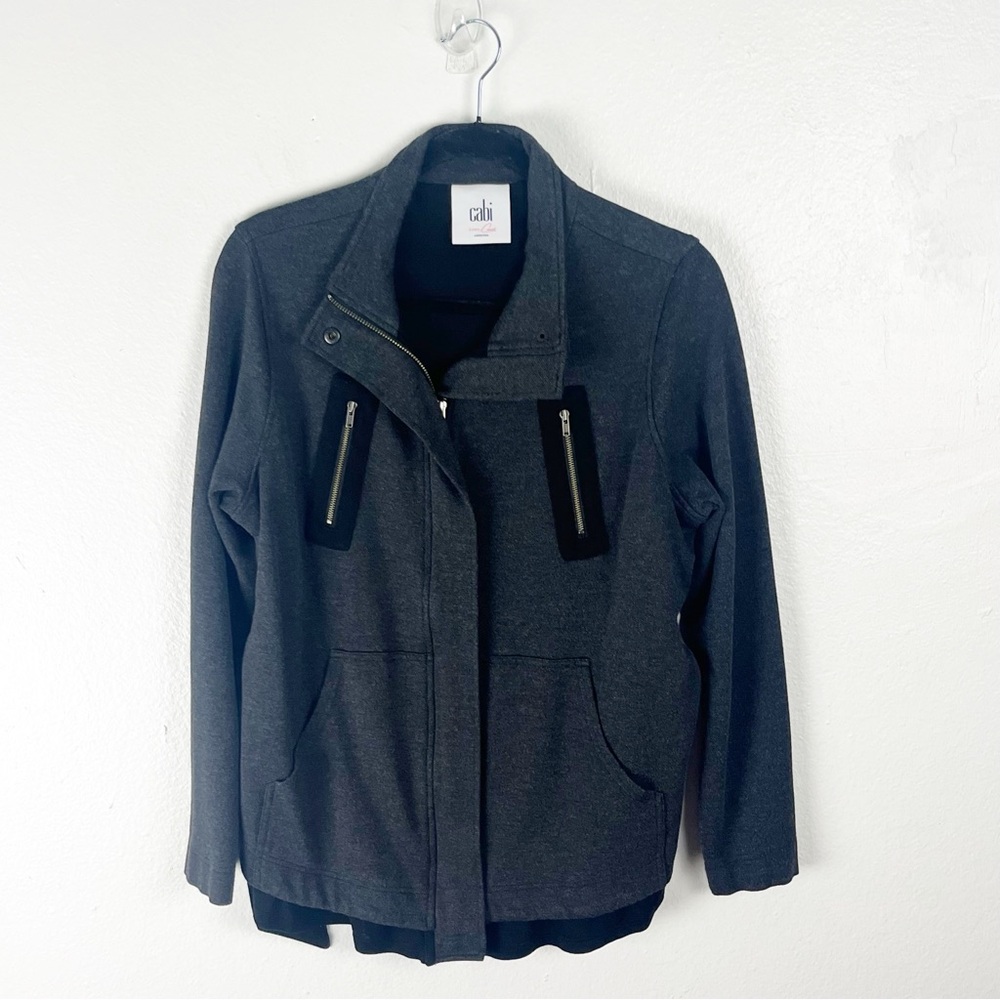 CABI Modern Ponte Mesh Gray Belted Waist Lined Zip Closure Jacket #3184 Small